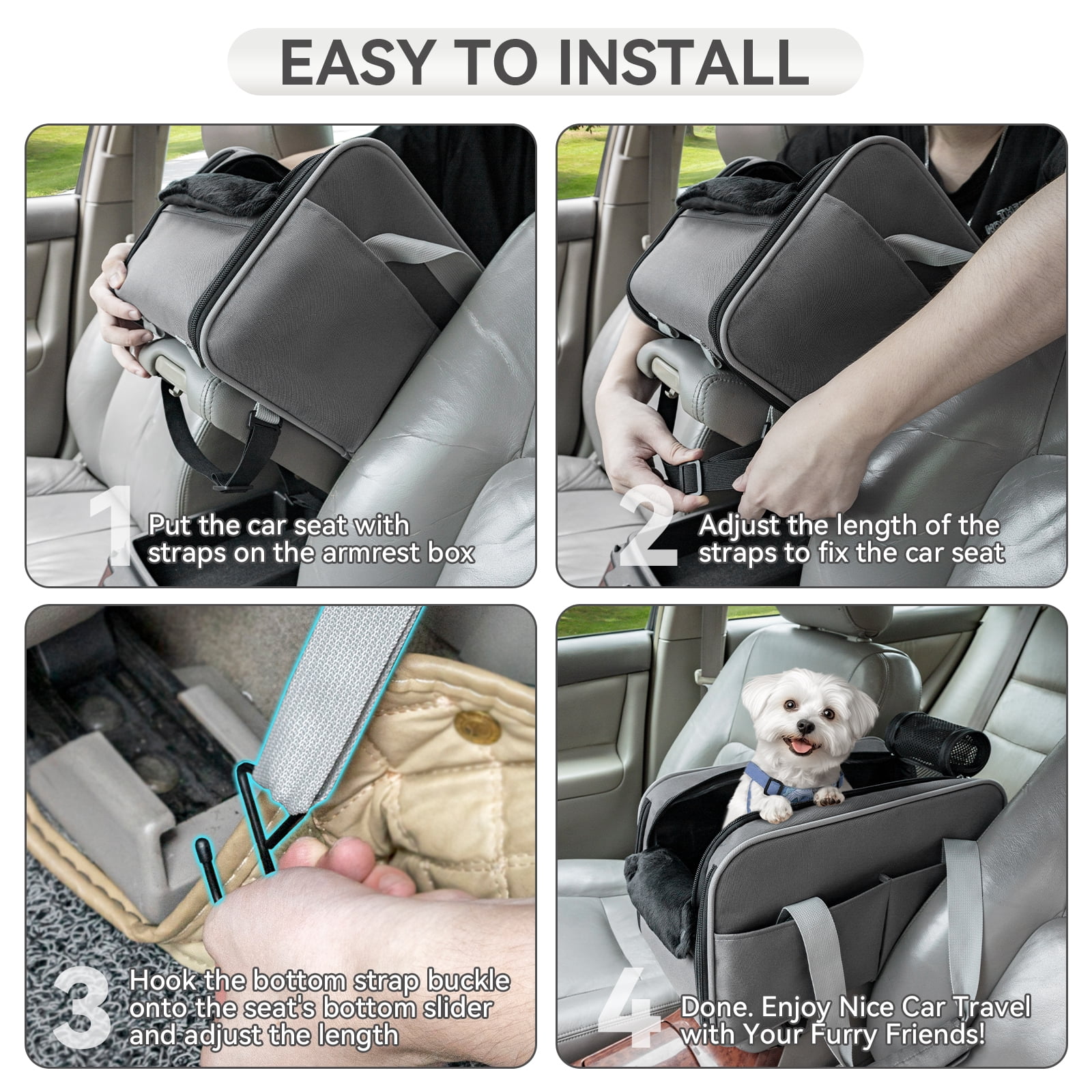 PETSFIT Multipurpose Center Console Dog Car Seat, Airline Approved Dog Car Carrier with Safety Tether and Pockets, Portable Cat Car Seat, Dog Car Seats for Small Dogs, Cats Up to 9 LBS (Deep Grey)