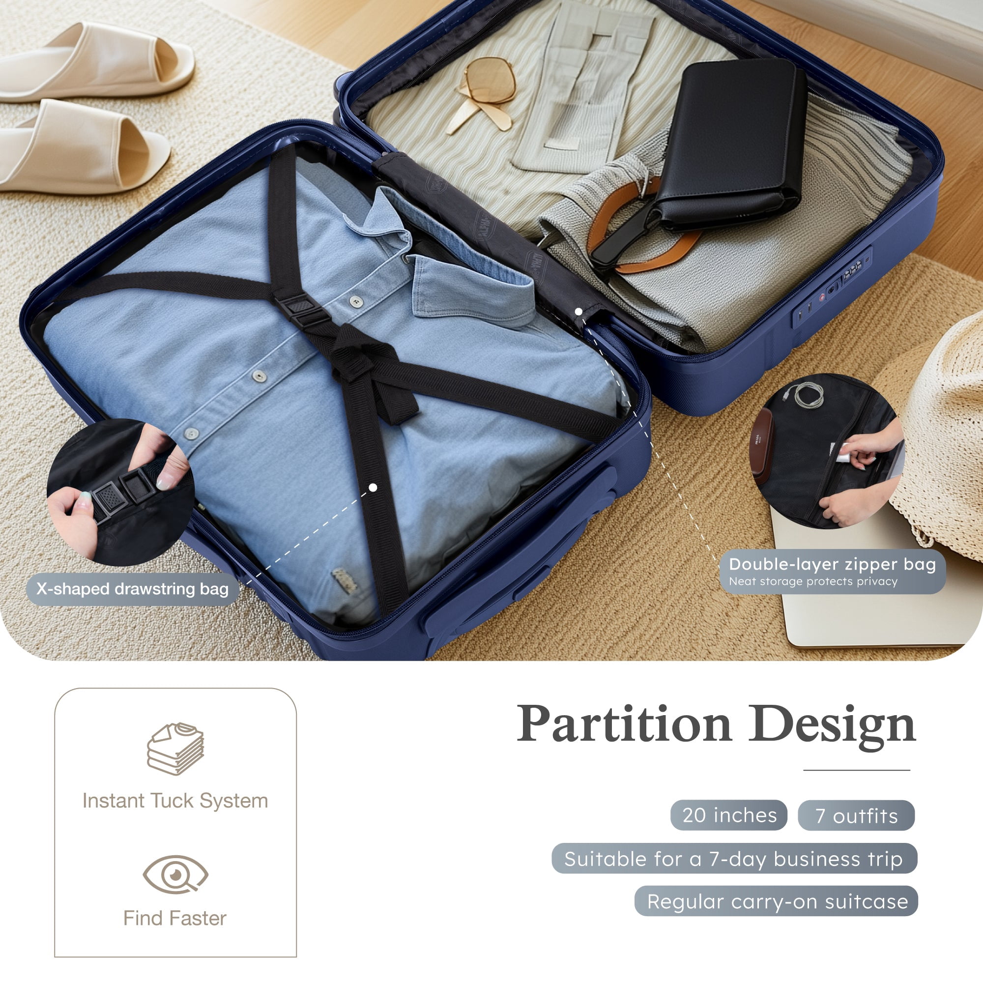 Alpha Joy Hard-shell ABS+PC Rolling Luggage 20" Carry-on Luggage with USB Port, Navy