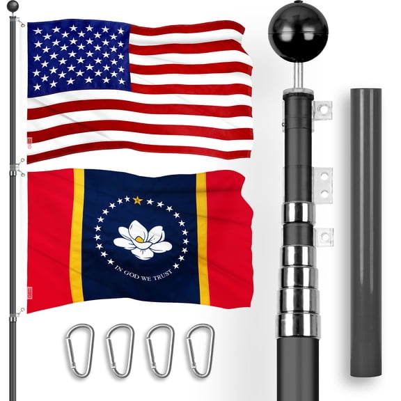 G128 Combo Pack: 25 Ft Telescoping Aluminum Flagpole (Black) & American and Mississippi Magnolia Flags 3x5 Ft, Both ToughWeave Series Embroidered Polyester | Pole with Flags Included