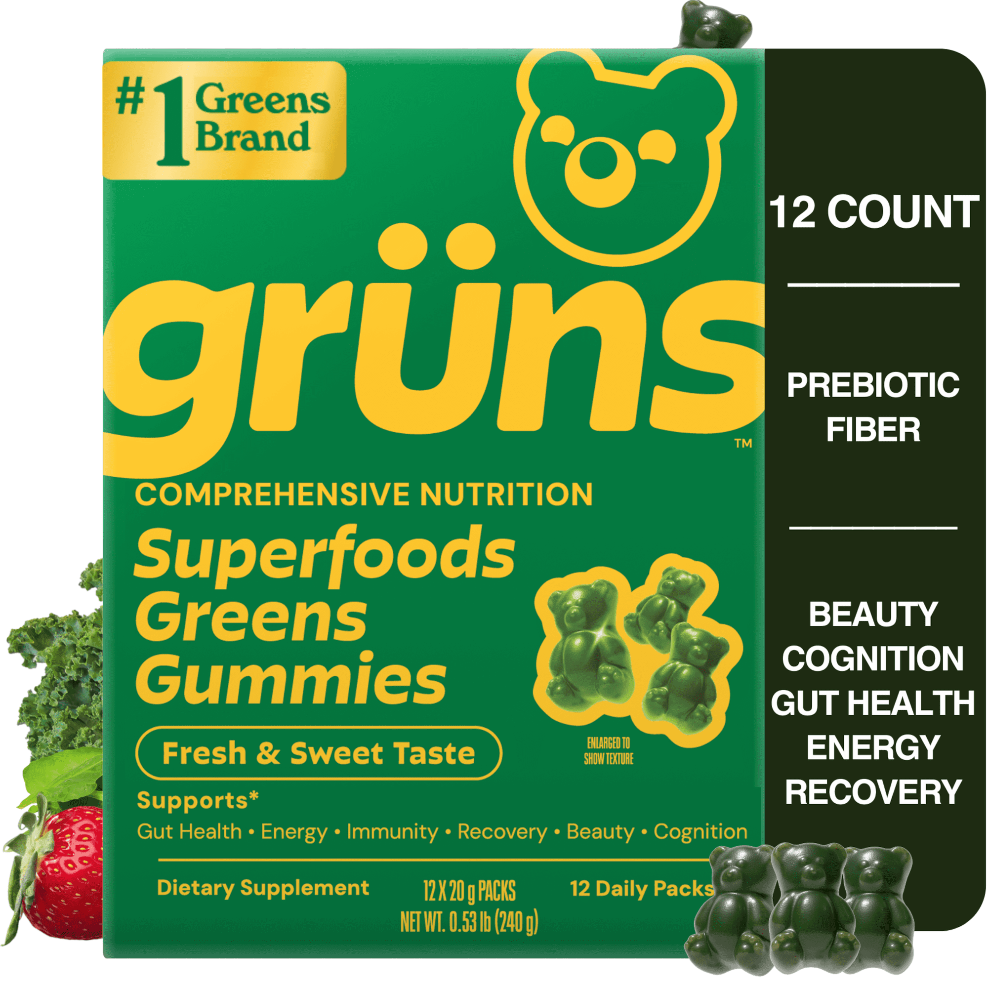 Gruns Superfood Multivitamin Greens Gummies with Prebiotic Fiber for Adults, 12 Count