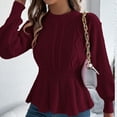 thumbnail image 4 of gbyLJF Womens Knitted Sweaters Casual Long Sleeve Round Neck Pullover Blouse Solid Color Waist-cinching Ruffled Sweater, 4 of 7