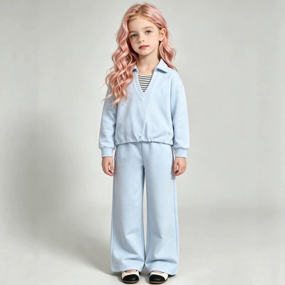HAYIMI Girls Two Piece Long Sleeve Lapel Collar Sweatshirt And Pants Kids Playful Casual Outfit Sets Cozy Button Closure Everyday Wear Breathable Clothes Sets
