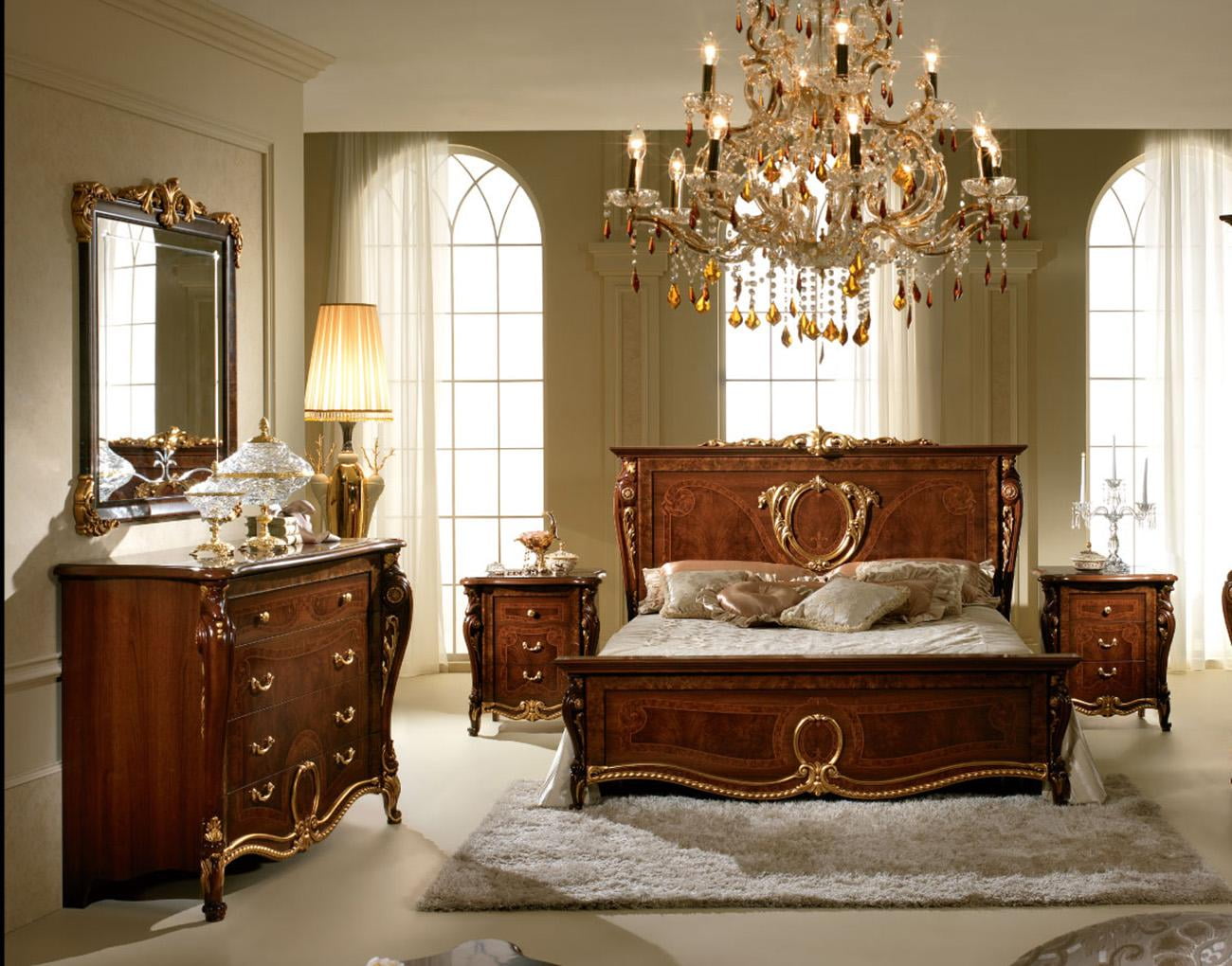 Luxury Walnut Glossy Donatello Night Queen Bedroom Set 5 Pcs Made in