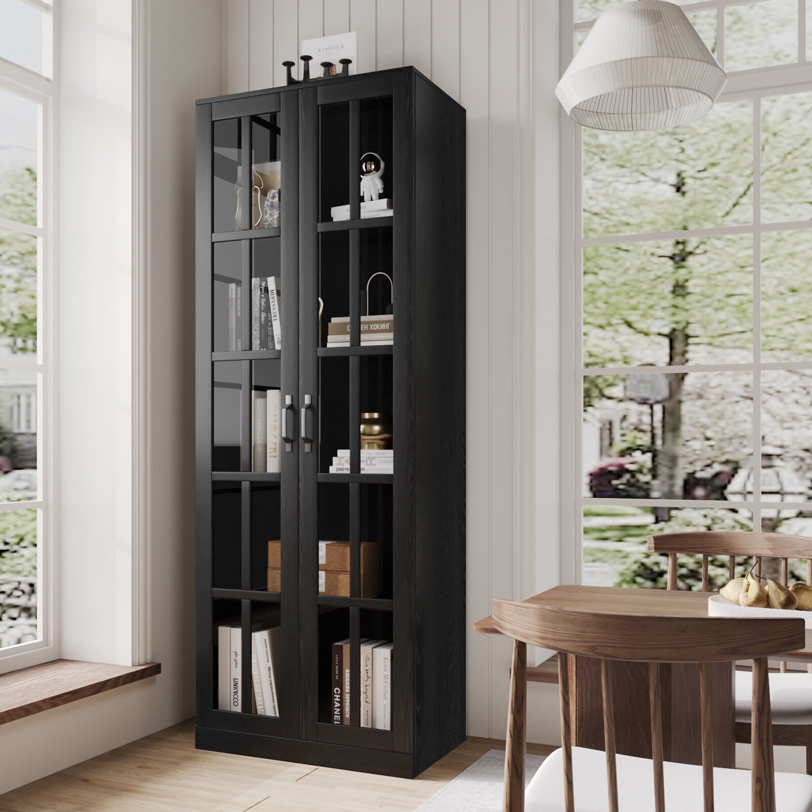 RichYa 71"H Tall Pantry Cabinet,Storage Cabinet with 2 Glass Doors and Shelves,5 Tier Display Cabinets for Living Room,Dining Room,Black(A)