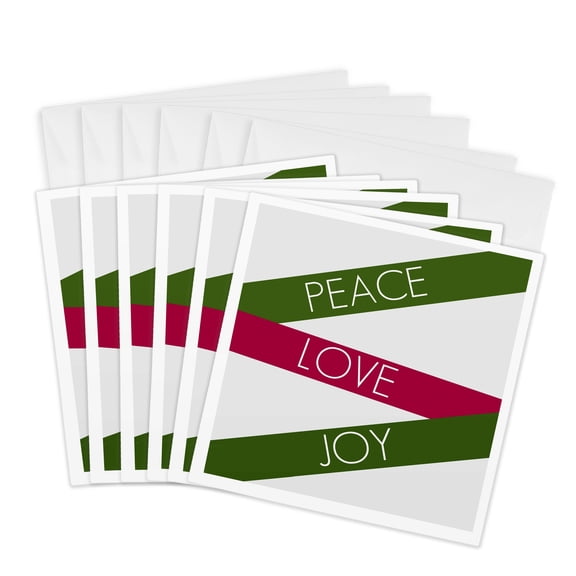 3drose, Green and Red Peace, Love and Joy- Inspirational Words- Christmas, 6 Greeting Cards with Envelopes