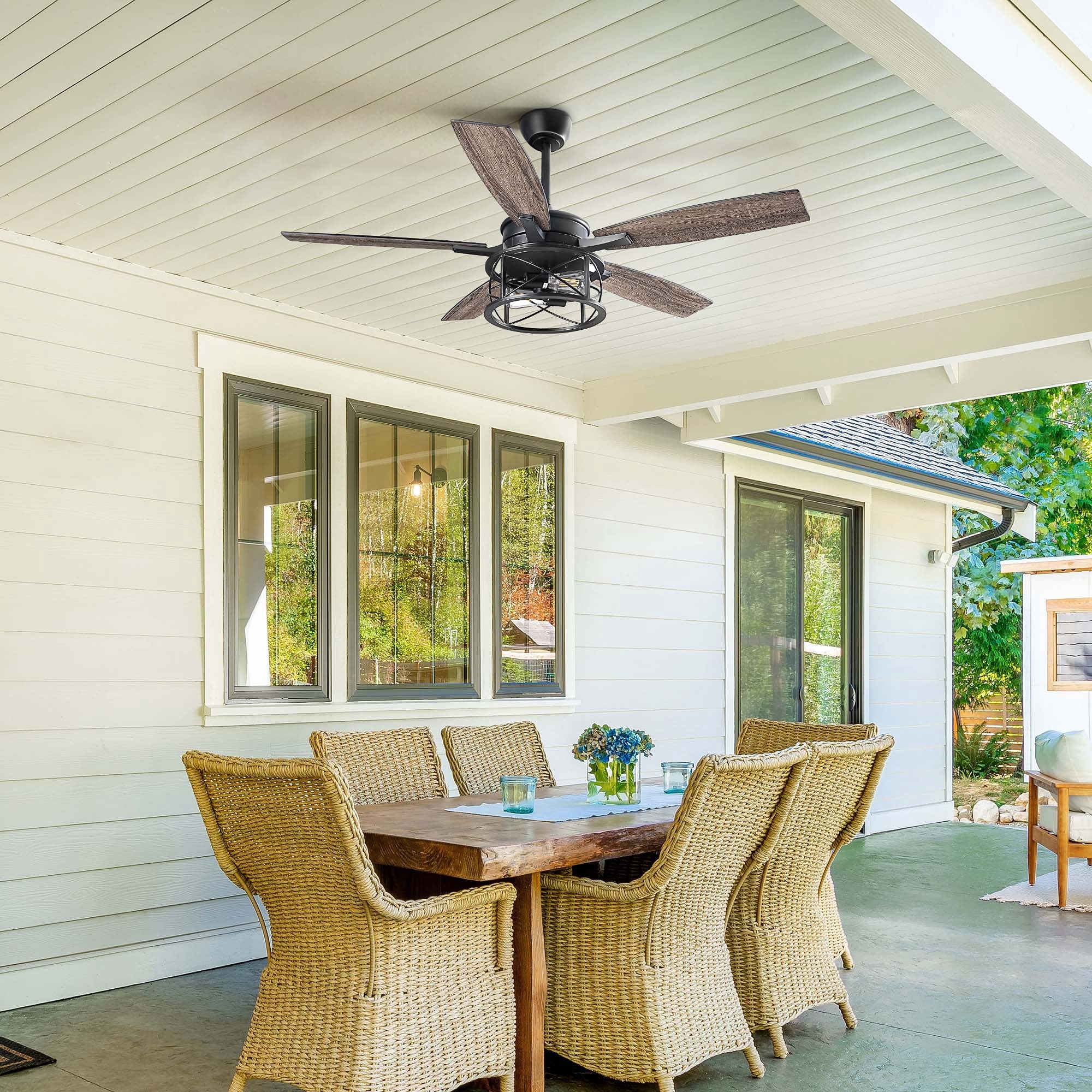 EDISHINE Farmhouse Black Ceiling Fan with Light and Remote Control, 5 Wood Blades, Rustic Farmhouse Ceiling Fan with Light for Living Room, Bedroom, Wet Rated