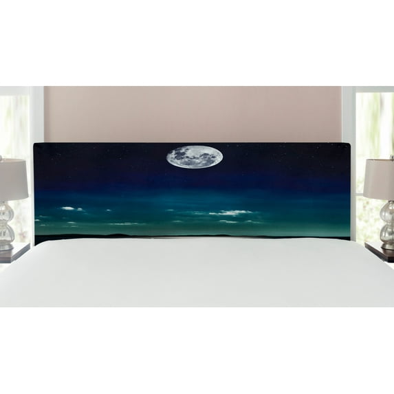 Ocean Headboard, Full Moon Reflected in the Sea Moon Rays Surface Starry Sky Night Scenic View Print, Upholstered Decorative Metal Bed Headboard with Memory Foam, King Size, Black Navy, by Ambesonne