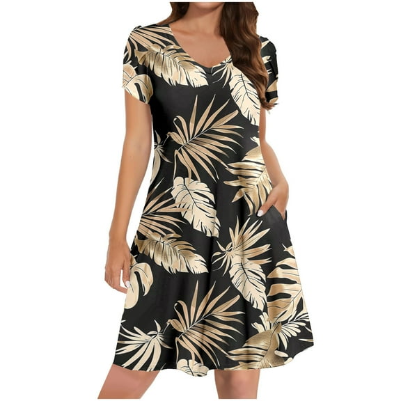 JSheng Summer Dresses for Women Casual Fashion Printing Pocket Short Sleeve Round Neck Beach Short Dress Multicolor XXL
