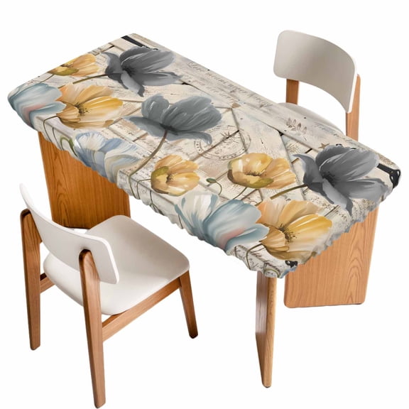 Spring Tulips Flower Table Cloths for 4 Foot Rectangle Tables, Vintage Floral Barn Doors Rustic Beige Patio Waterproof Elastic Fitted Tablecloths, Washable Rectangular Table Cover for Camping