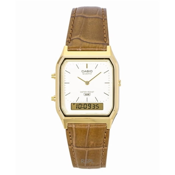 Casio Reloj Unisex Vintage Analógico Digital con Correa de Cuero y Esfera Dorada de Cuarzo AQ-230EGL-9A