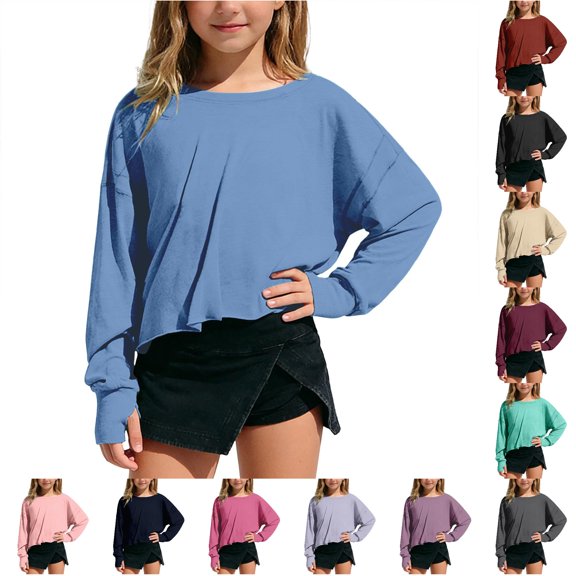 OSOLU Girls Cropped Sweatshirt Long Sleeve Solid Color Off Shoulder Crew Neck Thumb Hole Raw Hem Loose Casual Daily Tops Blue