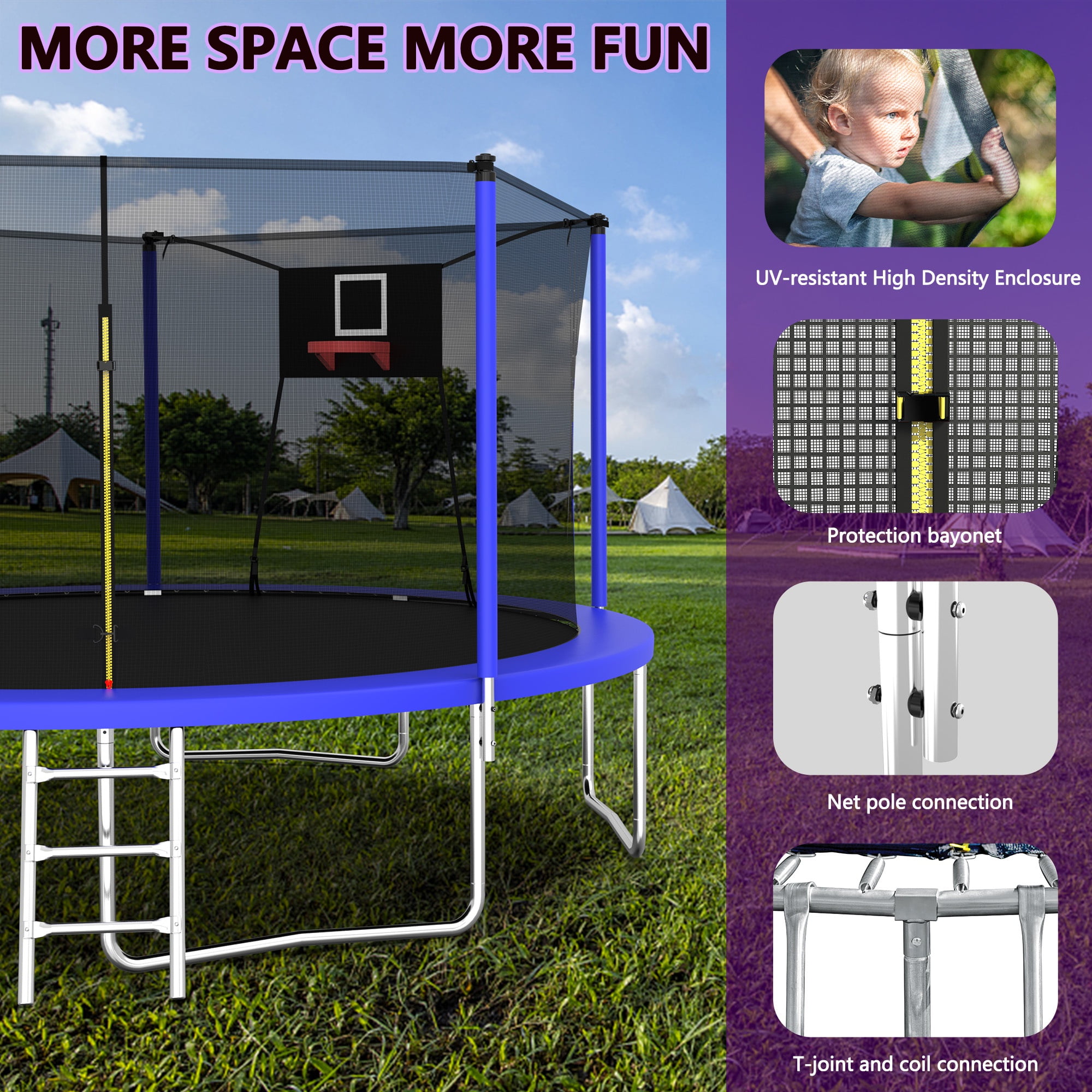 CASEMIOL 14FT Trampoline Outdoor for Kids and Adults, 1000 LBS Weight Capacity, with Enclosure Net, Basketball Hoop, and Ladder – Recreational Trampoline for Family Fun, Blue