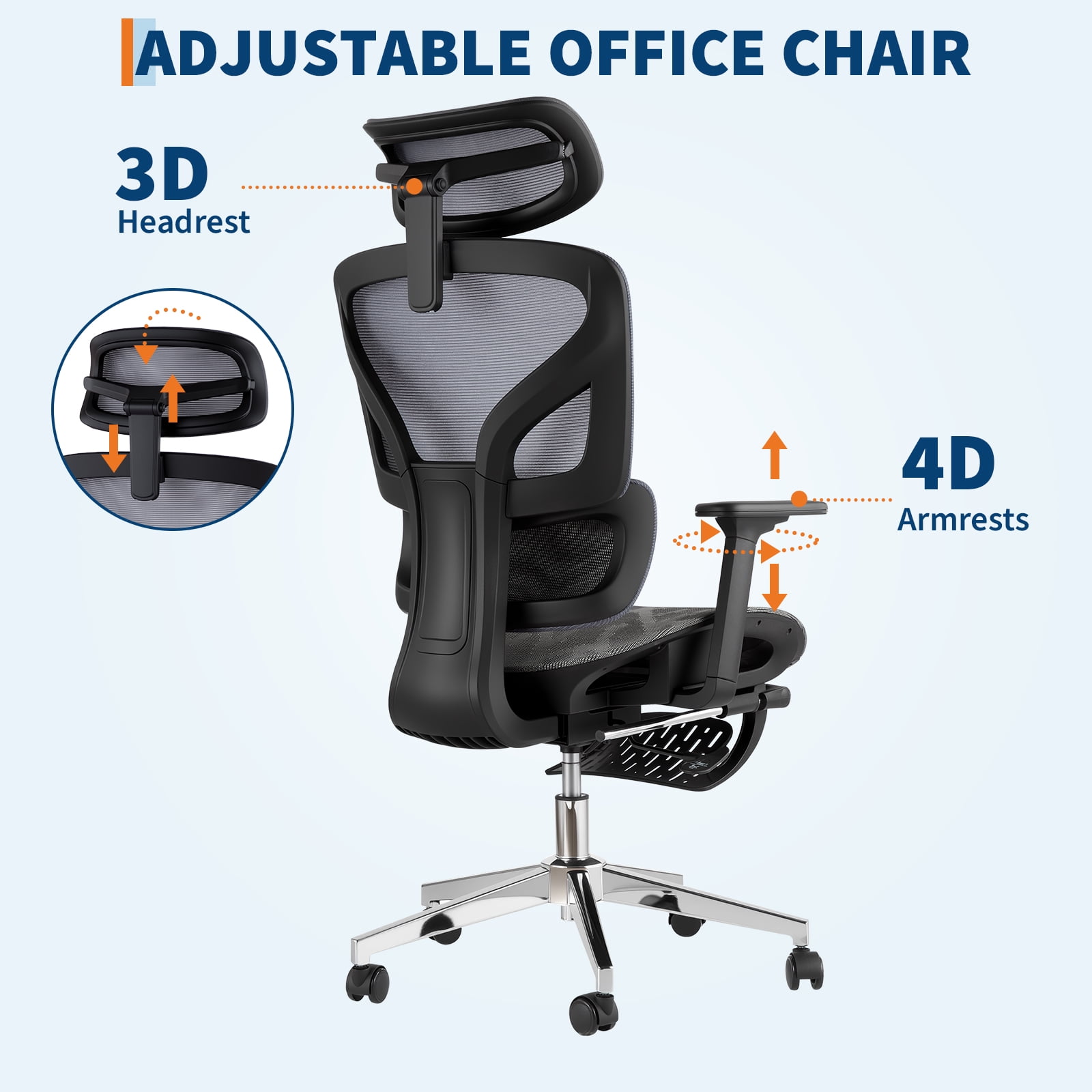 Ergonomic High Back Mesh Office Chair with 3D Adjustable Armrests, Lumbar Support, Seat Depth Adjustment, Retractable Footrest, and Smooth Rolling Wheels for Home Office
