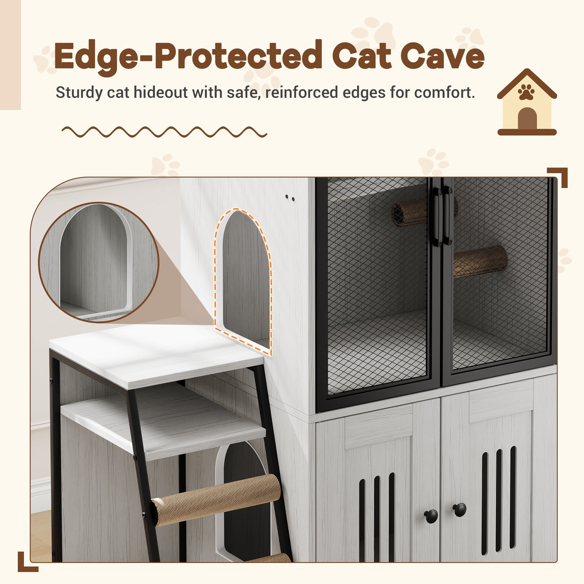 Roromall Cat Litter Box Enclosure for 2 Cats, Double Cat House with Doors & Storage Space, Enclosed Litter Box Furniture with Ladder