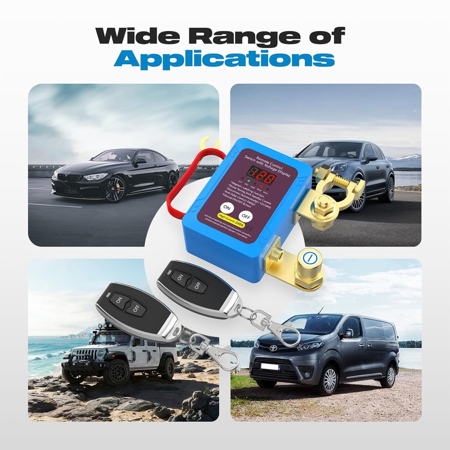 Kill Switch for Car, 12V 240A Remote Battery Disconnect Switch with Led Voltage Display Car Kill Switch Anti Theft Automatic Cut/Shut Off Switch for Auto Truck Marine RV ATV Boat