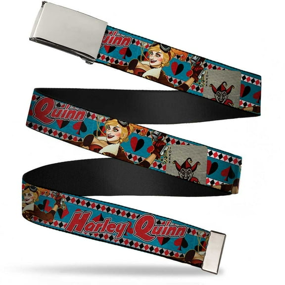 Adjustable Belt, Clamp Buckle, Cut-to-Fit, Harley Quinn Bombshell Pin Up Pose Joker Card Suits Blue
