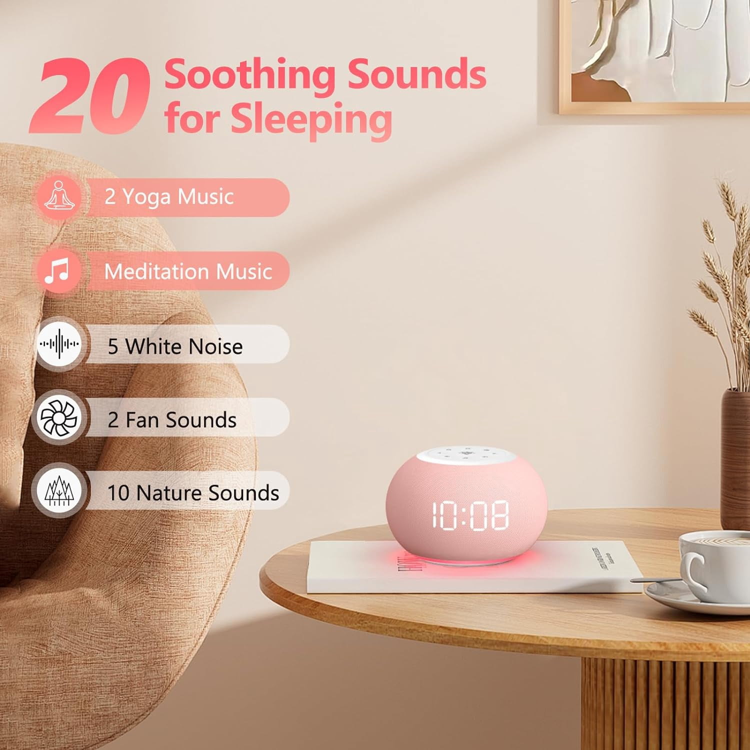 Auto Dimmable Sound Machine Alarm Clock with Night Lights, 20 Soothing Sounds, Sleep Timer, Precise Volume Control, Cute White Noise Soother for Girls, Kids, Bedrooms, Office