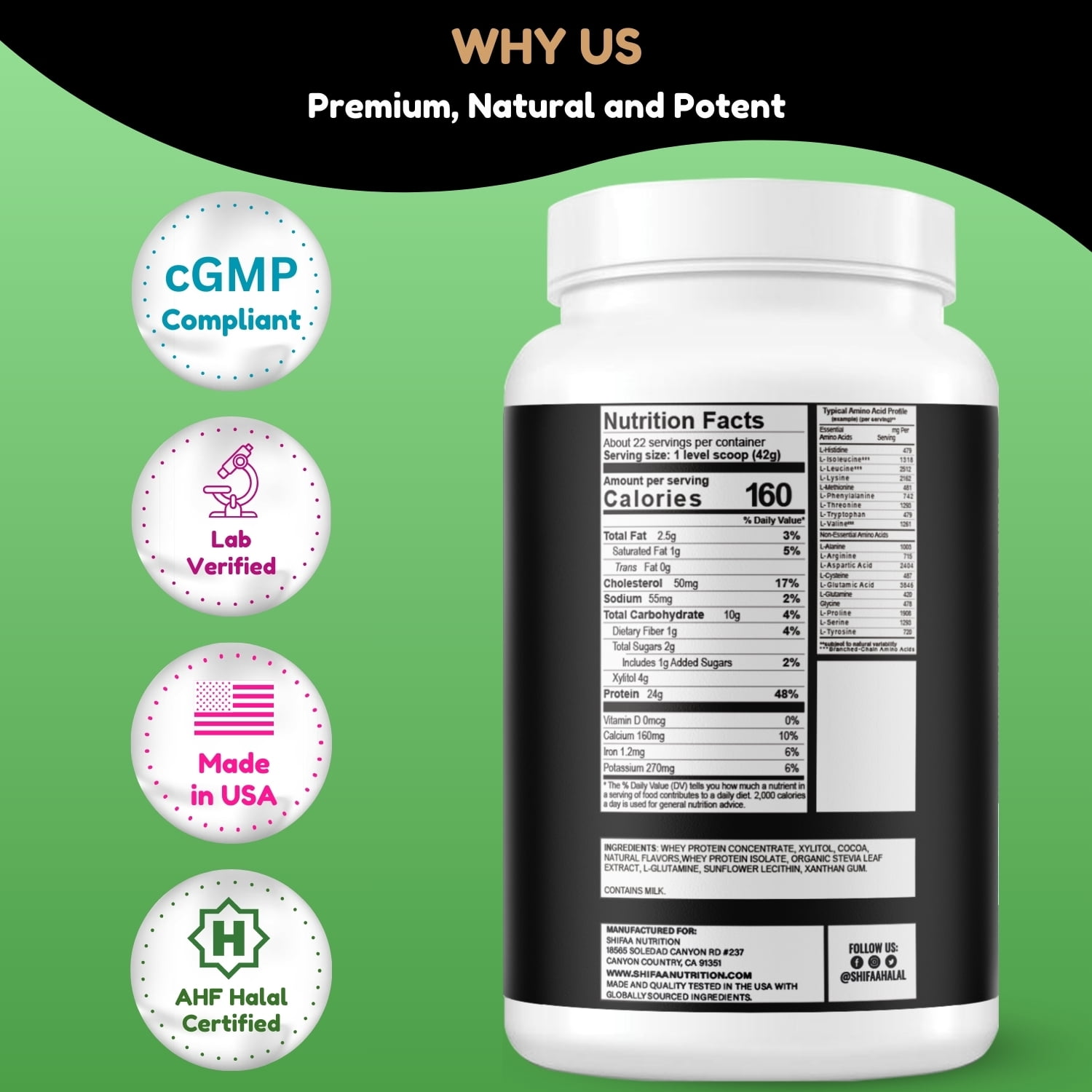 Shifaa Nutrition Delicious Creamy Chocolate Halal Whey Protein Powder – 24g Protein, BCAAs & Glutamine – Gluten-Free, Non-GMO, Keto