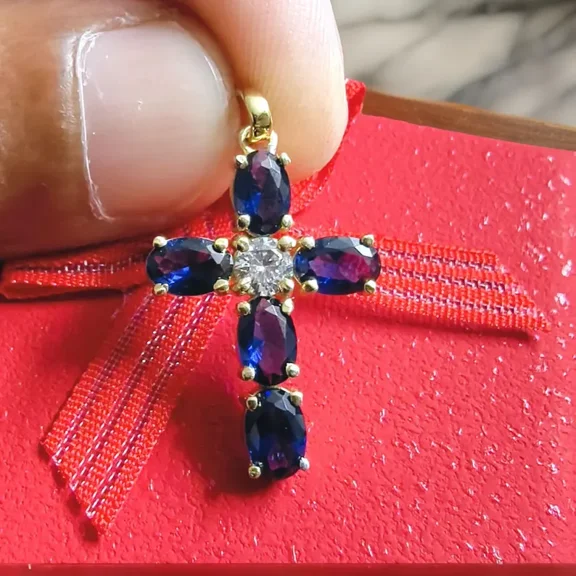 Cross Pendant, Sapphire Cross Necklace Oval Cut Lab Created Sapphire Pendant 925 Sterling Silver Religious Pendant 14K Yellow Gold Plated