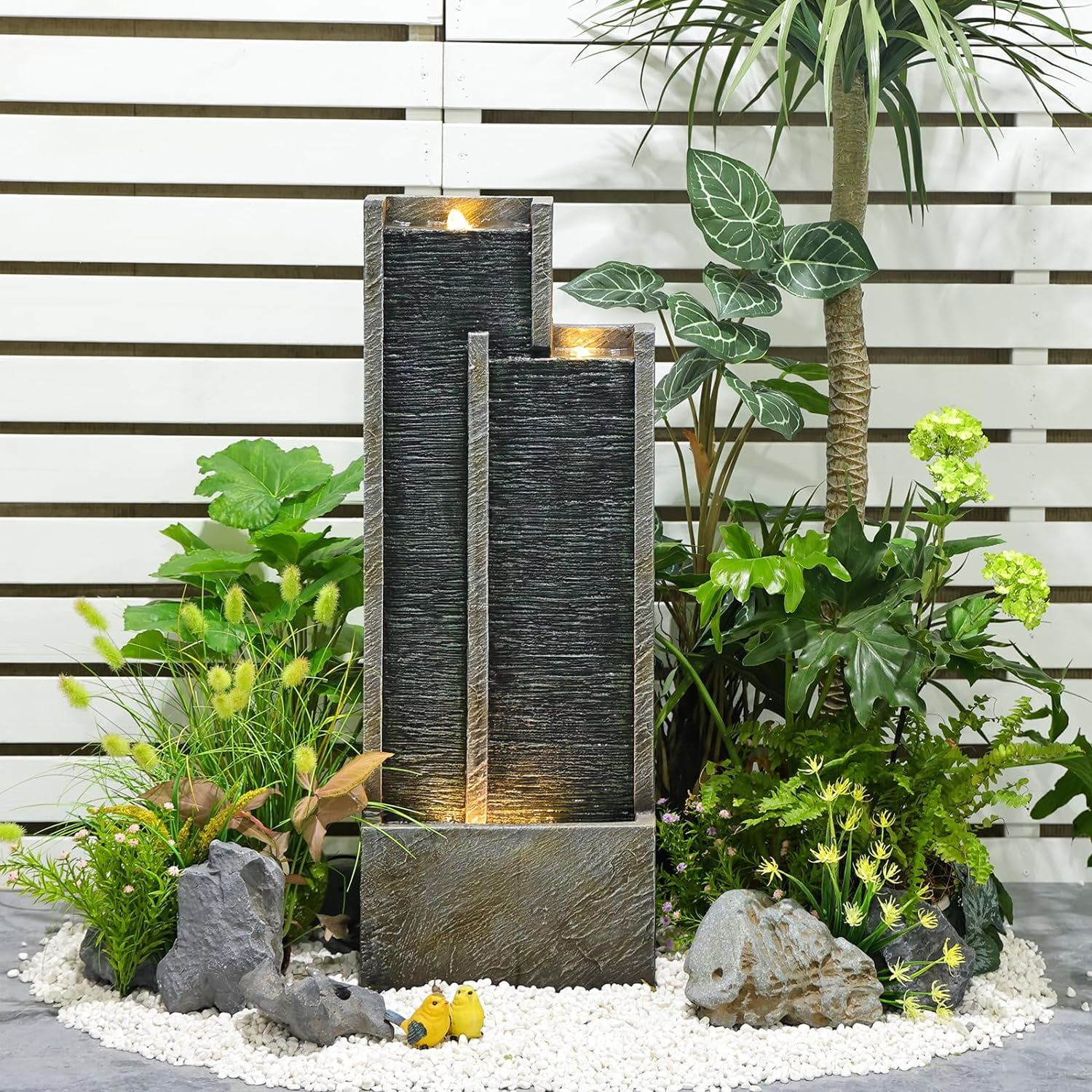 Water Fountain Outdoor Garden- 35.43 Inches Square Outdoor Water Fountains Indoor with Led Lights Floor Standing Waterfall Fountain for Backyard and Garden Small Porch Home,Deck