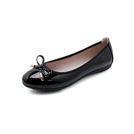 

SIMANLAN Womens Flats Round Toe Ballet Flat Slip On Loafers Ladies Anti-Slip Casual Shoes Women Bow Tie Boat Shoe Black Patent Leather 8