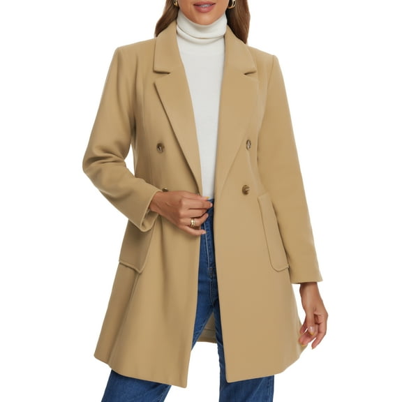 DARING DIVA Women's Notch Lapel Classic Double Breasted Winter Coat Khaki XS
