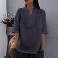 thumbnail image 5 of Fanxing Linen Cotton Shirts for Women Plus Size Tops Gauze Linen V Collar Henley Blouses Oversized Summer Elbow Sleeve Workout Tops S-2XL, 5 of 5