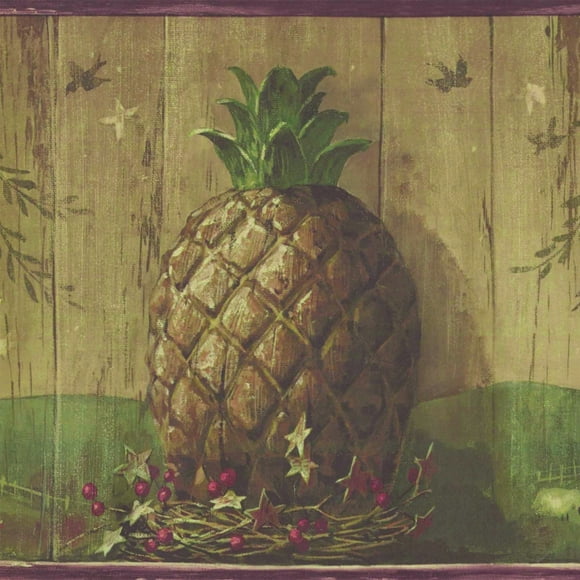 Dundee Deco's Peel and Stick Wallpaper Border - Country Brown Green Tree Pineapple Wall Border Retro Design, 15 ft x 7 in (4.57m x 17.78cm), Self Adhesive