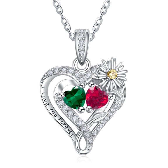 TANGPOET Sterling Silver Daisy Heart Necklaces Pendant Jewelry Emerald Ruby May July Birthstone Necklace Anniversary Jewelry Gifts for Women