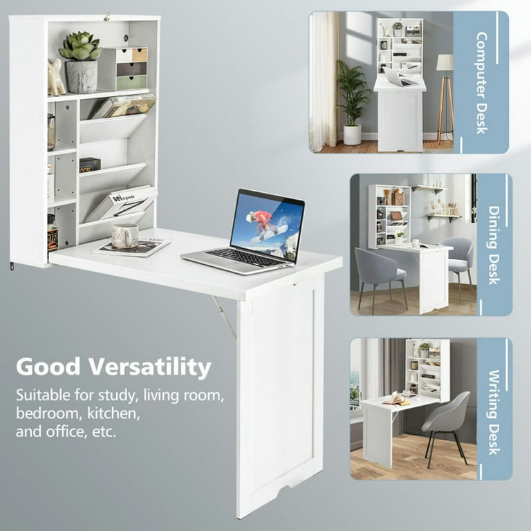 Barara King Wall Mounted Fold-Out Convertible Floating Desk Space Saver-White