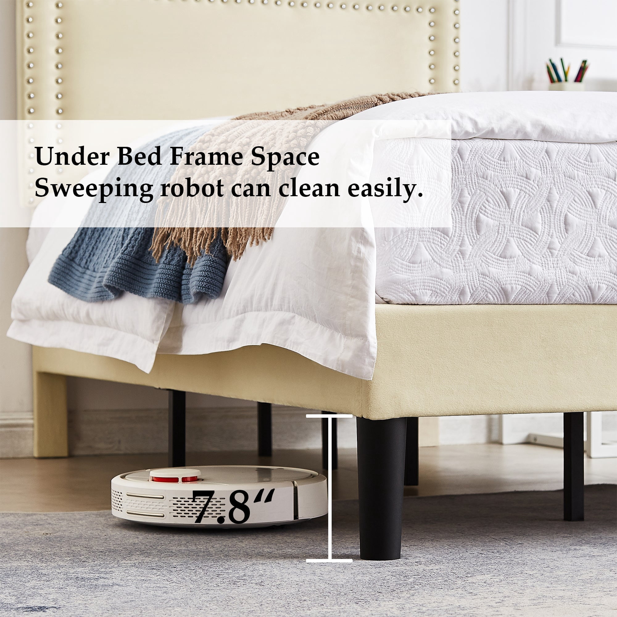 Katkuca Twin Bed Frame, Upholstered Queen Size Platform Bed Frame with Adjustable Headboard, Strong Wood Slat Support, No Box Spring Needed, Beige