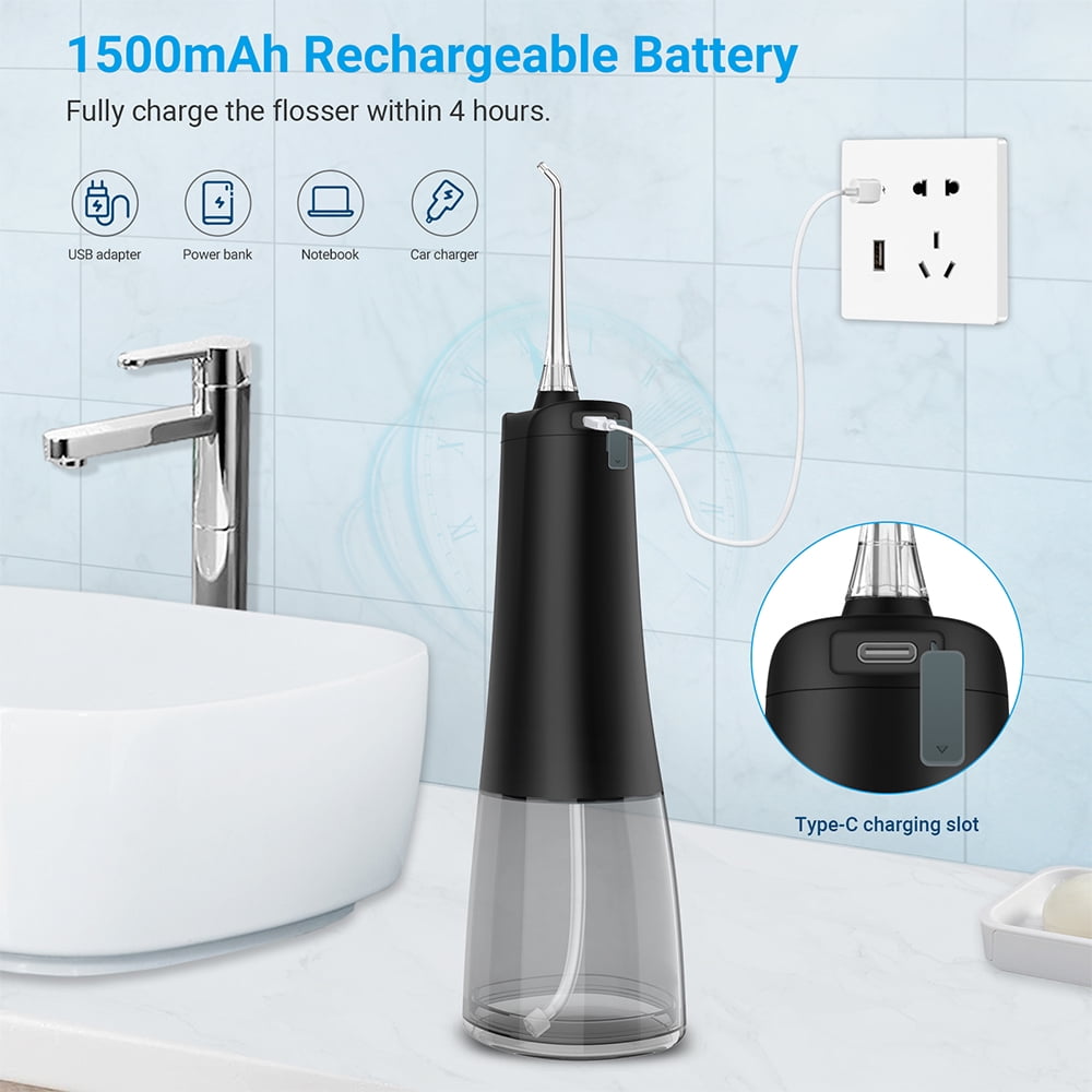 Homsay Cordless Water Flosser, Portable Dental Teeth Cleaner, 300ML Tank USB Rechargeable Dental Oral Irrigator for Home and Travel, 4 Modes , IPX7 Waterproof, Easy-to-Clean（Black）
