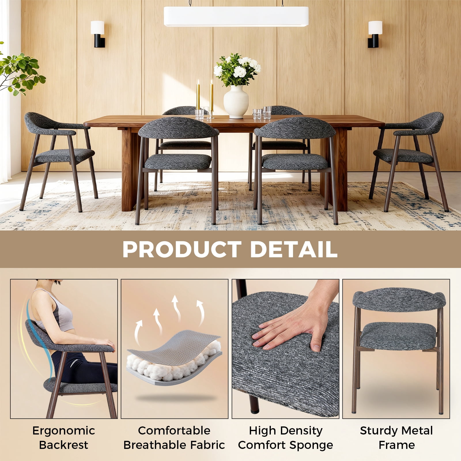 EDX Dining Chairs Set of 2, Modern Upholstered Kitchen Side Chairs for Dining Room, Ergonomic Padded Accent Seats with Sturdy Legs, Dark Gray