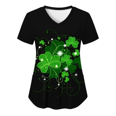 

OZUJIE St Patrick s Day Scrub Tops Women Print Polyester V Neck Casual Short Sleeve Pockets Ladies Tops Blouse Black S
