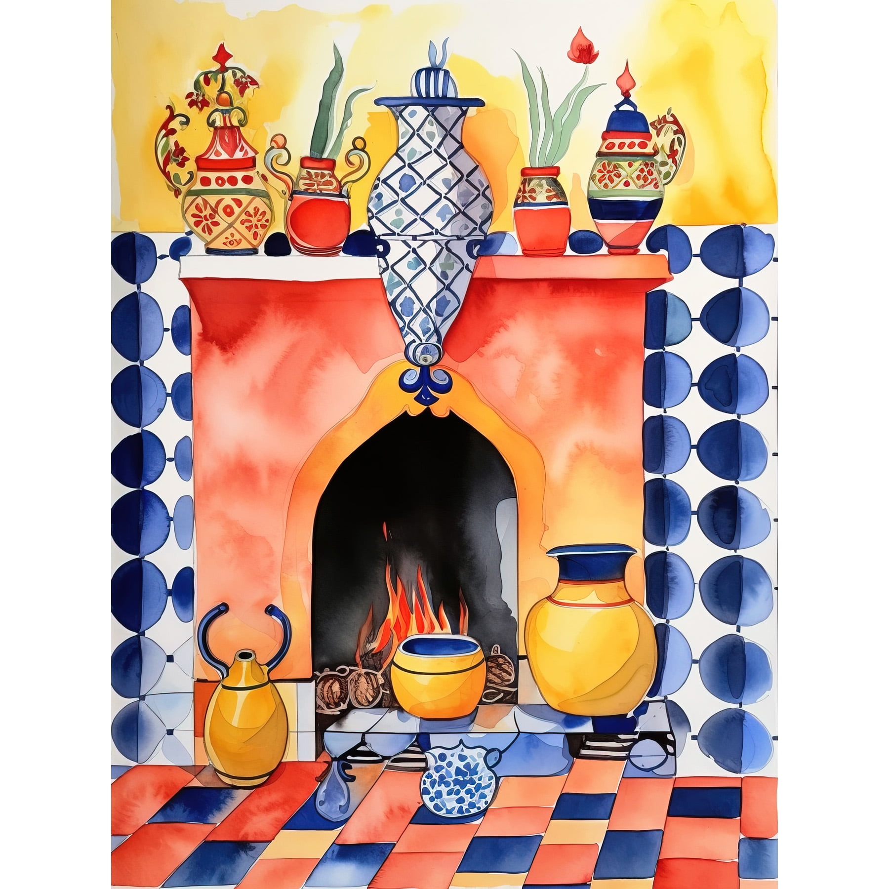 Kitchen Hearth Fireplace Multicoloured Tiles Wall Art Canvas Picture Print  18X24