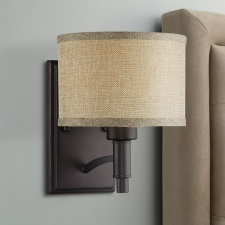 

Franklin Iron Works La Pointe Farmhouse Rustic Wall Light Sconce Oil Rubbed Bronze Hardwire 6 3/4 Fixture Oatmeal Linen Drum Shade for Bedroom Home