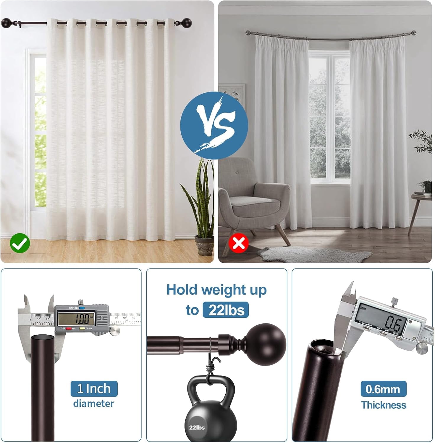 Urbanest Adjustable Double Curtain Rod Set Steel Ball Flat Button Finials – 1″ Front & 5/8 Back Rod With Bronze Rod, 84–120 Inches