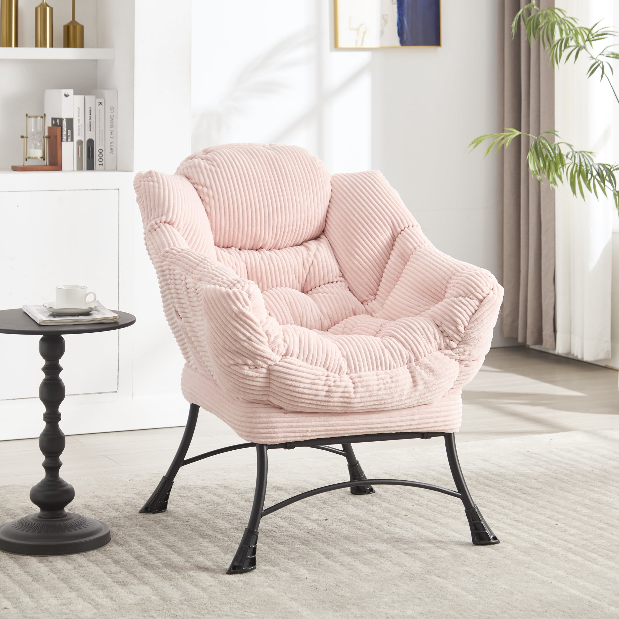 Lazy Chair with Ottoman,Modern Accent Chair with Armrests and a Side Pocket,Upholstered Armchair Sofa Chair Reading Chair with Footrest for Living Room,Pink