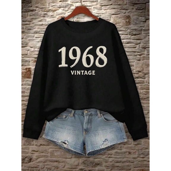 Graphic Print Sweatshirt Featuring A 1968 Vintage Design In Brushstroke Font, Perfect For Casual Wear In Fall And Spring, Designed For Women.