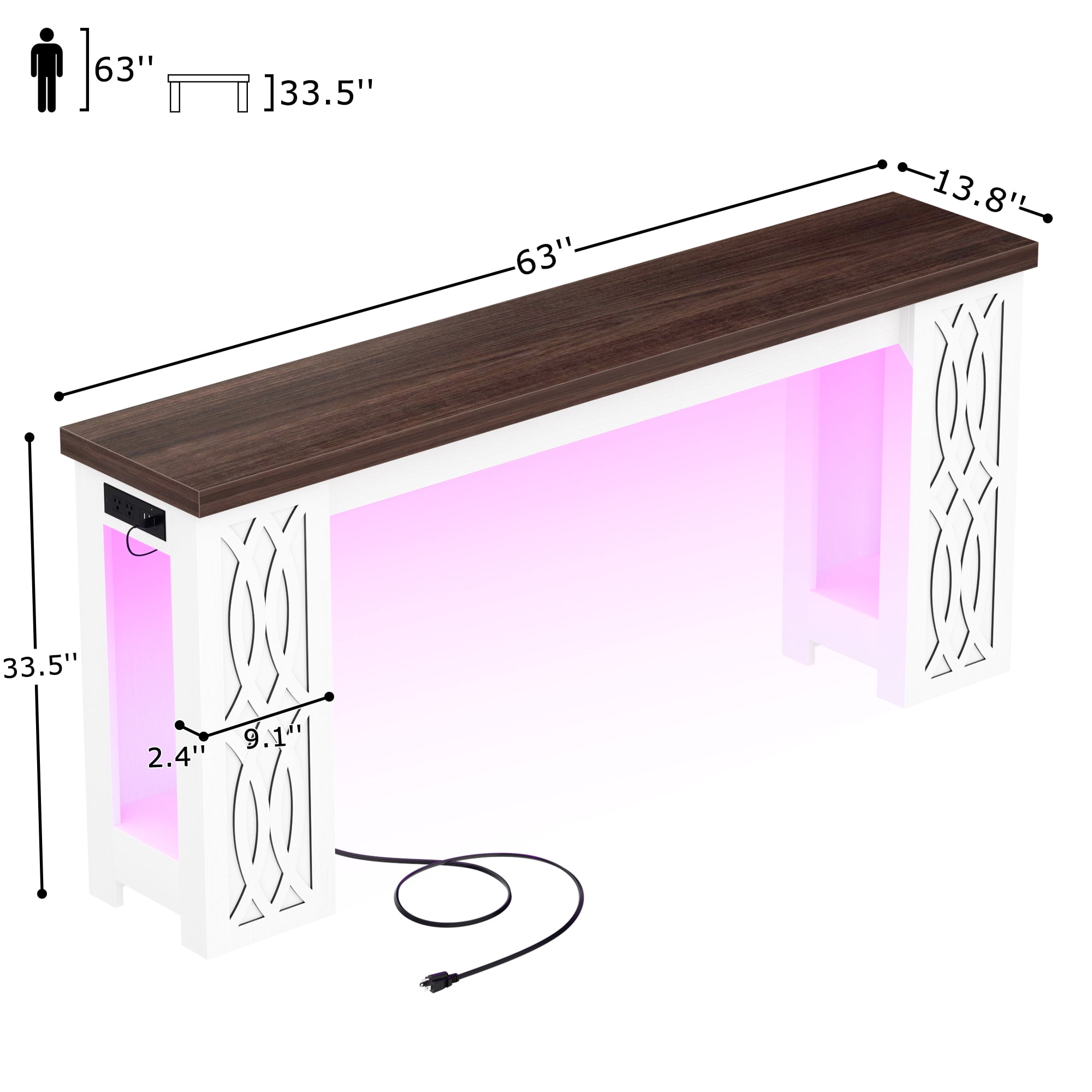 Homieasy 63'' Farmhouse Console Table with Charging Station and LED Lights for Hallway, Entryway, Living Room, White & Walnut