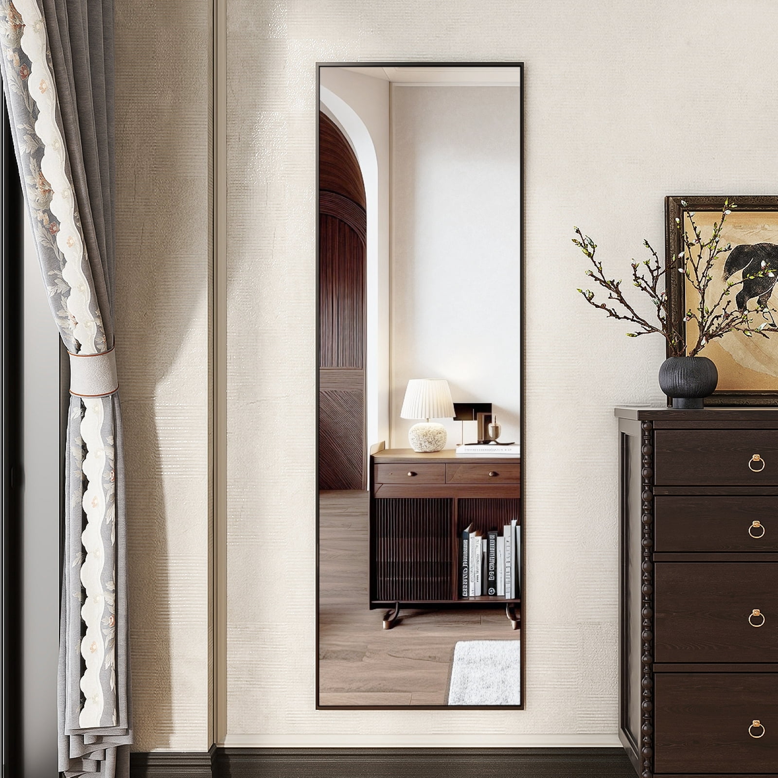 Anyrose 59.1"x16" Rectangle Full Length Mirror Metal Frame Floor Mirror with Stand, Black