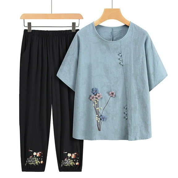 HaoXianJian Plus Size Two Piece Outfit Mandarin Pajamas Sets Embroidered Print Sleepwear 3X 4X 5X