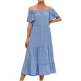 thumbnail image 2 of CEHVOM Women Shoulder Neck Short Sleeve Plaid Print Flowy Dress, 2 of 6