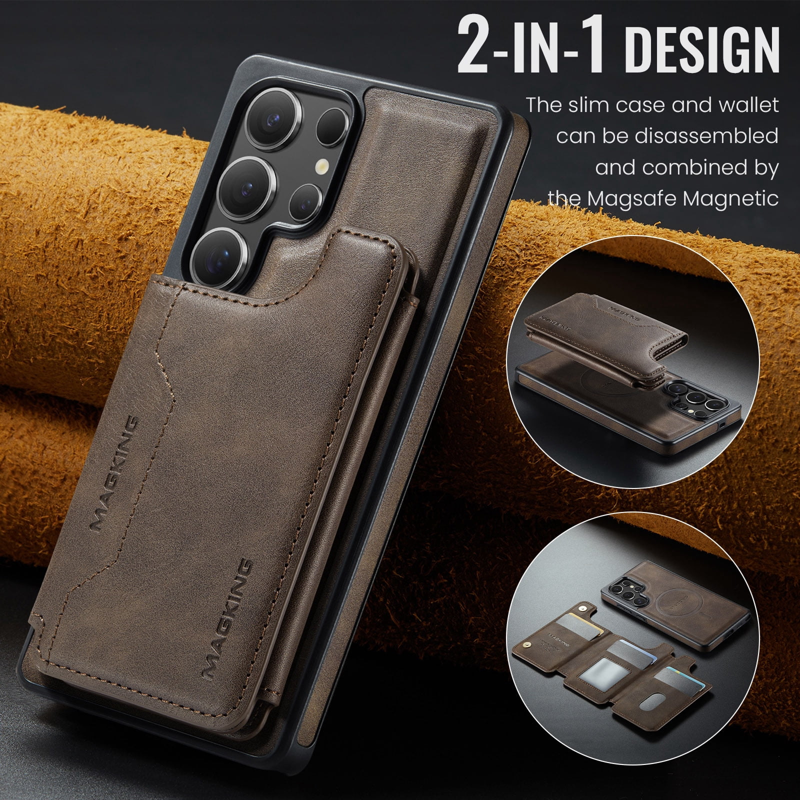 Designed for Samsung Galaxy S24 Ultra Wallet Phone Case,Magnetic Detachable Flip Card Holder,Back Flip Kickstand,Compatible with Mag-Safe,2-in-1 PU Leather Heavy Duty Shockproof Phone Case,Coffee