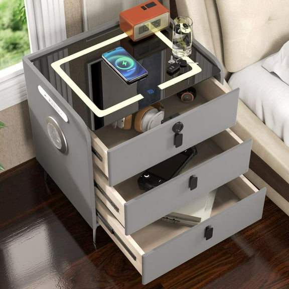 GMizon Modern high-grade three drawer tempered glass bedside table, dark grey bedroom home bedside table