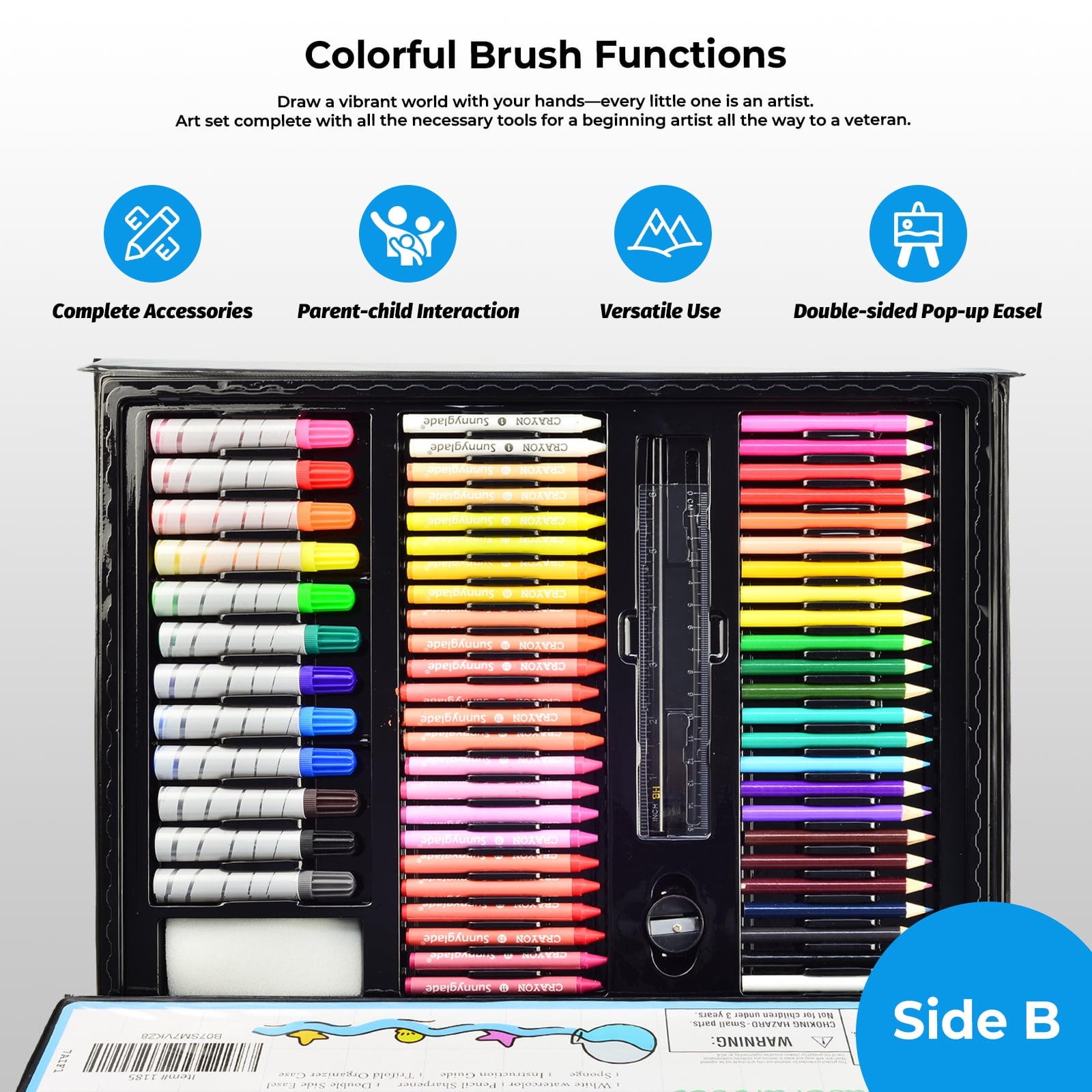Bibana 185 Pieces Drawing Art Set，Double Sided Trifold Easel Art Box with Oil Pastels, Crayons, Colored Pencils, Markers, Paint Brush, Watercolor Cakes, Sketch Pad (Black Art Supplies)