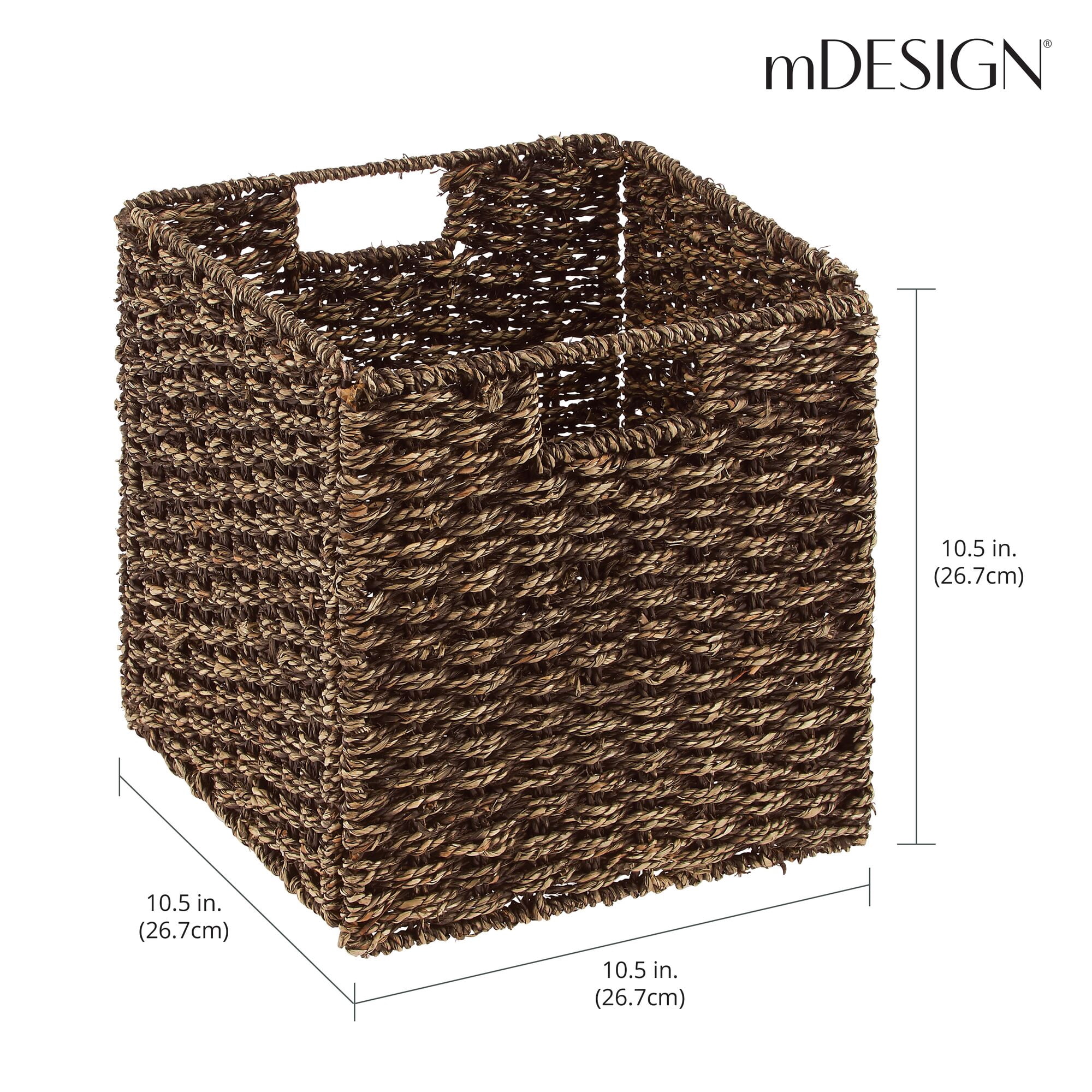 mDesign Seagrass Woven Cube Bin Basket Organizer, Handles, 6 Pack, Brown Wash