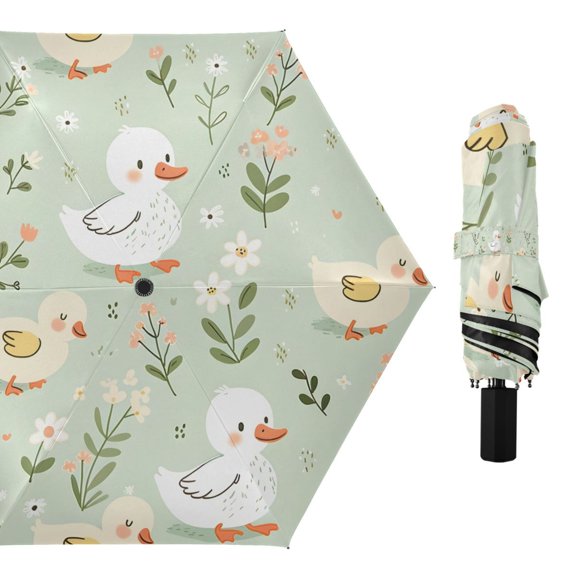 Cartoon Duck and Flower Compact Sun Umbrella Windproof Travel Umbrellas for Rain Strong Portable UV Protection