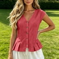 thumbnail image 5 of Women's Cotton Linen V-Neck Tank Top Ihhxva Sleeveless Pleated Button Peplum Hem Stretchable Summer Breathable Lightweight S-2XL, 5 of 9