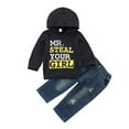 thumbnail image 1 of Toddler Letter Print Hoodie Pullover Hooded Sweatshirt Ribbed Denim Pants Set 2Pcs, 1 of 6